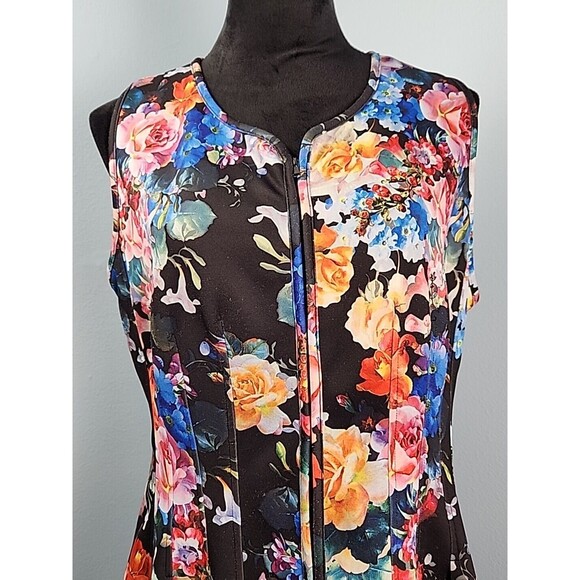 BETSEY JOHNSON Scuba Dress Fit & Flare Front Zip Sleeveless Floral Size 14 - Picture 3 of 13